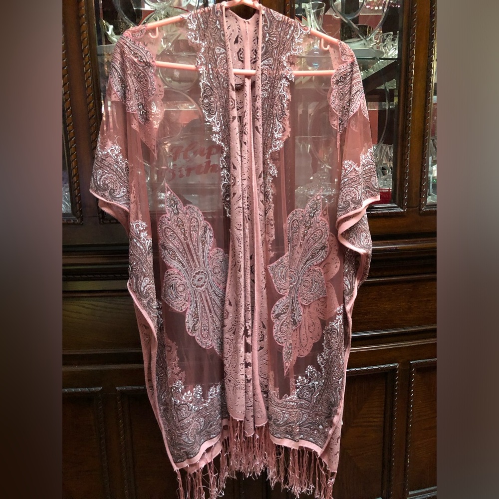 Pink Sheer Kimono with Fringe OR can be worn as a Bathing - -Suit Cover up.